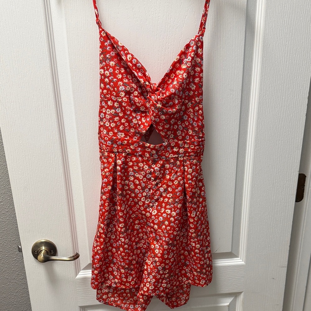 Red Floral spaghetti, strap shorts, romper